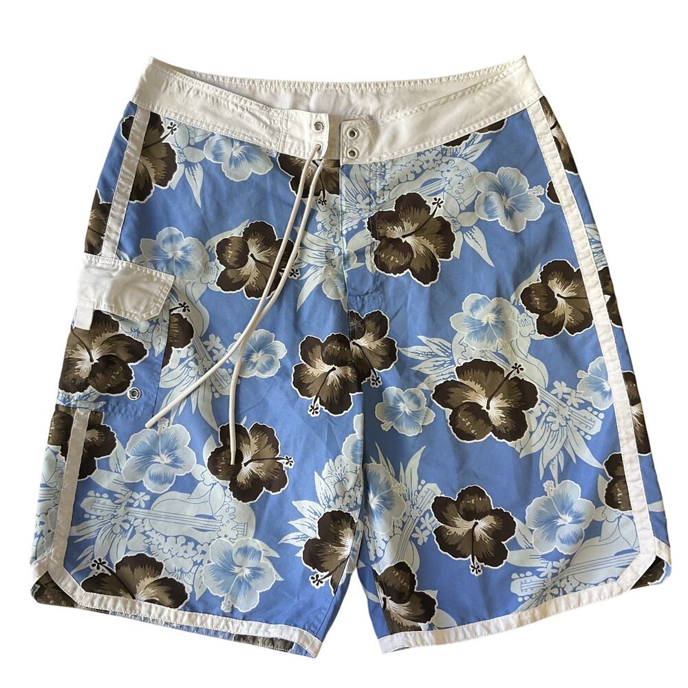 Sideout Men Shorts 34 Blue Floral Swimwear Swim Trunks Button Grommet 11" Inseam